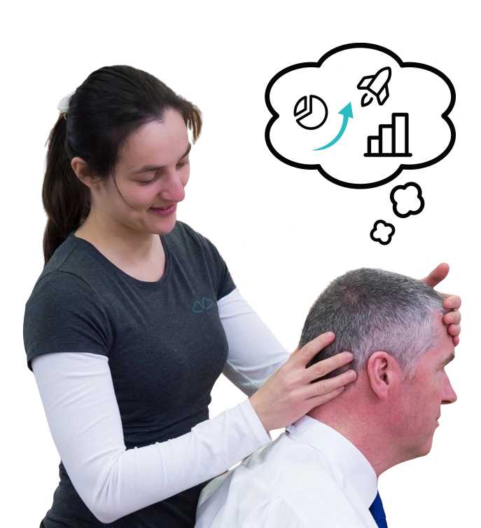 Therapist Sami giving on-site chair massage to a businessman, with a thought cloud above showing business success icons like rising graphs